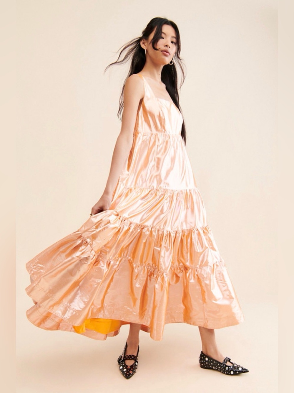 Free People Let Me Be NWT Tiered Maxi Metallic Dress in Mango Orange Sz Small